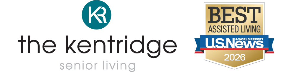 The KentRidge Senior Living logo alongside the 2026-2027 U.S. News Best Assisted Living award badge, recognizing excellence in senior assisted living services, the community was also awarded best in memory care services.
